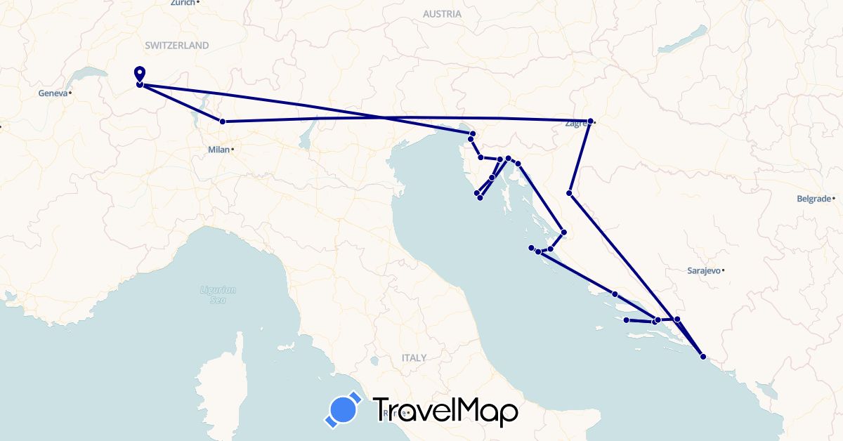 TravelMap itinerary: driving in Bosnia and Herzegovina, Switzerland, Croatia, Italy, Slovenia (Europe)